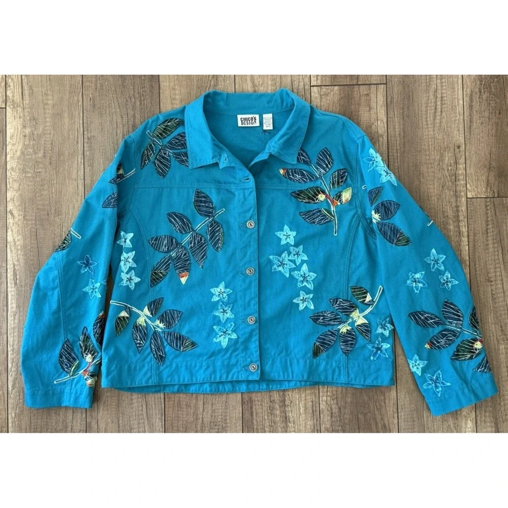 Chicos Teal Tropical/Leaf/Parrot Applique/Beaded Denim Jacket Sz 3 (XL-16) Artsy